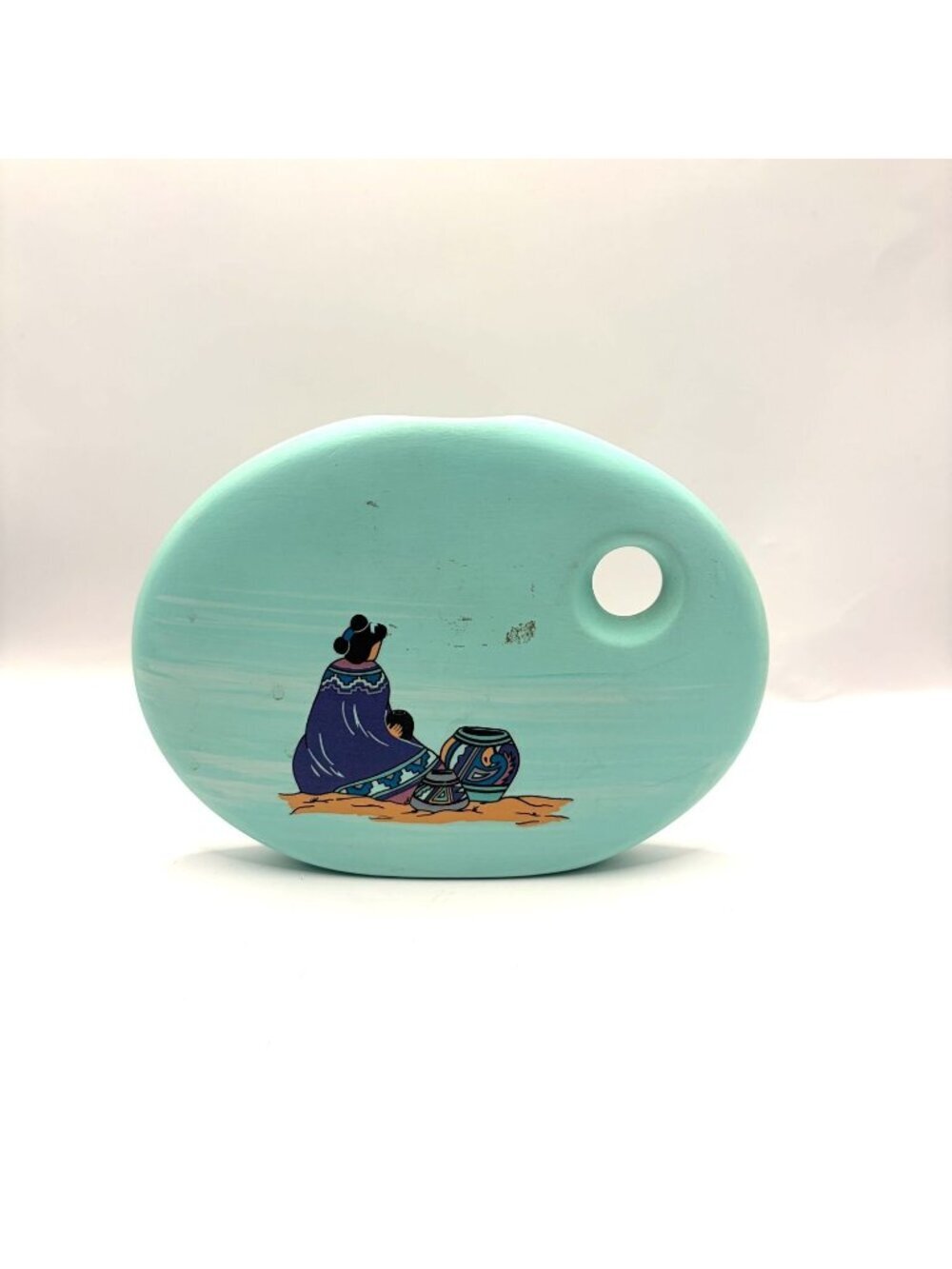 Vintage Southwest Ceramic Turquoise Bud Vase with Hand-Painted Native American F